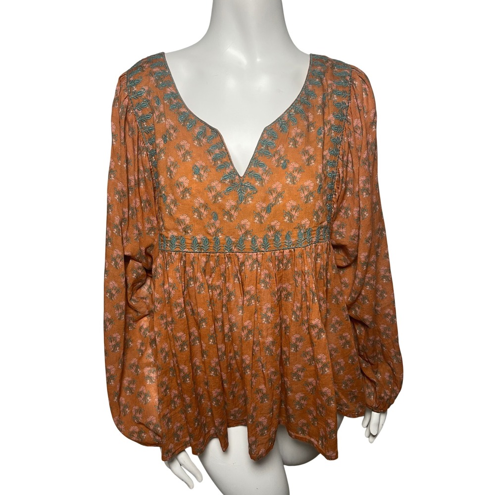 World Market Boho Floral Embroidered V-Neck Peasant Babydoll Top Blouse L/XL